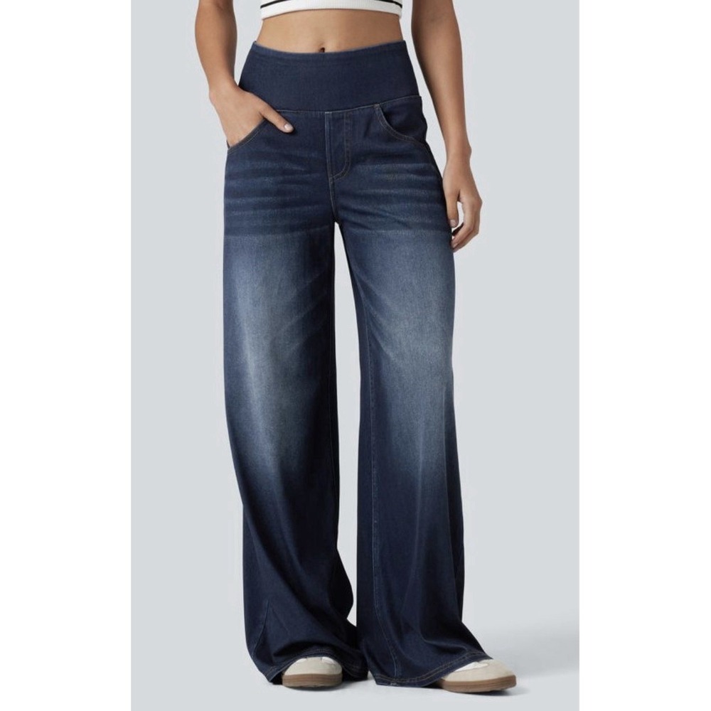 Halara Flex High Waisted Pockets Baggy Wide Leg Med Washed Jeans XL